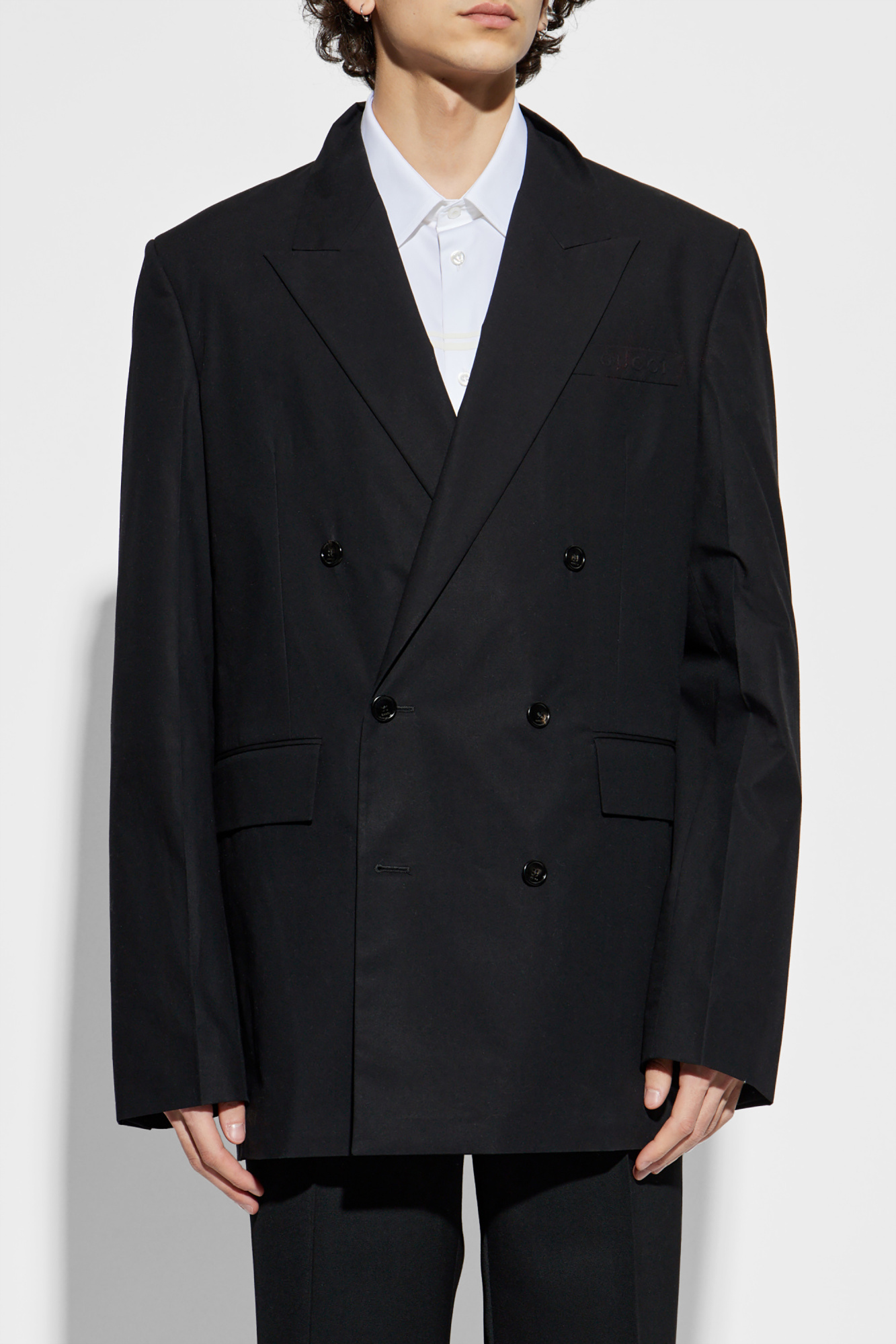 Black Double-breasted blazer with embroidered logo Gucci
